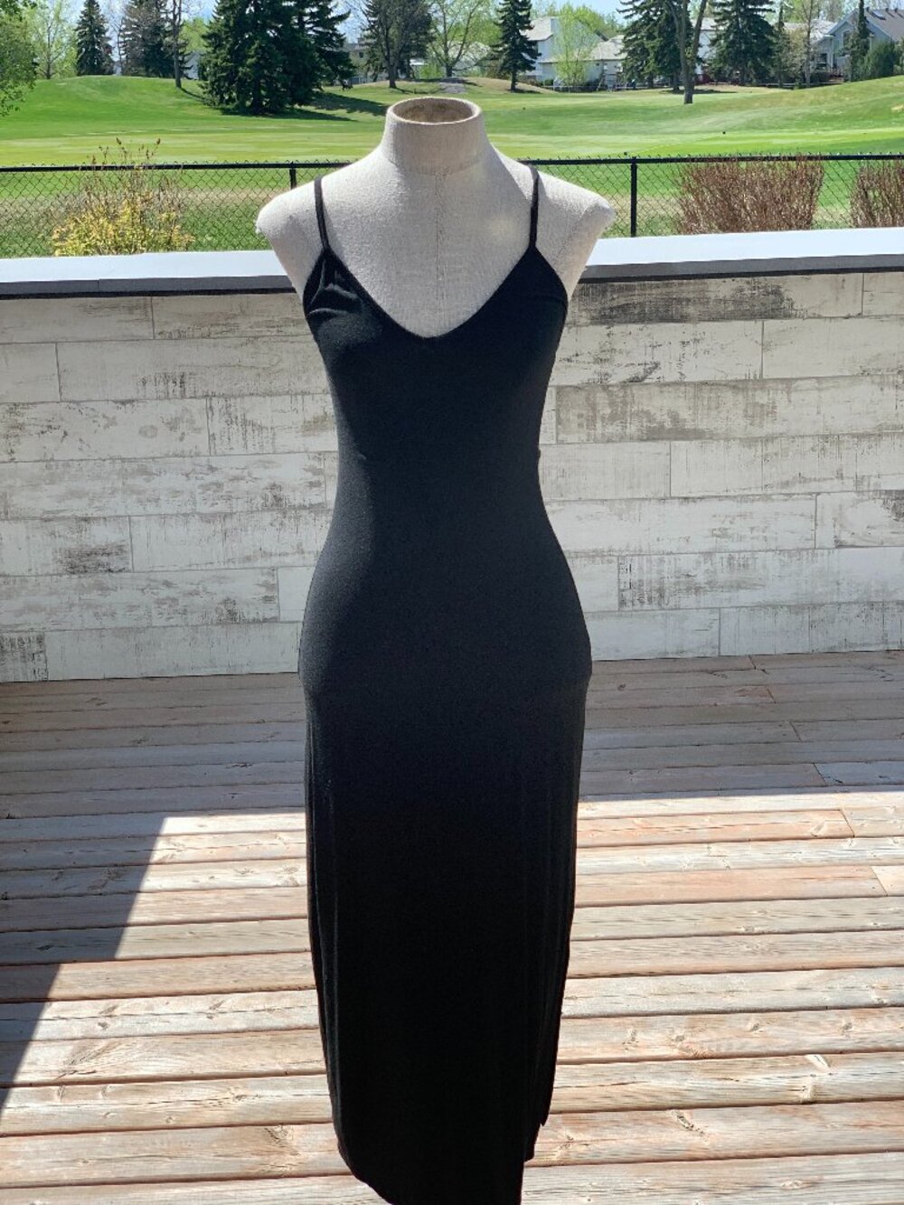 Brandy Melville Maxi Slip Dress One Size Black Slit Sleeveless Tank Bodycon NWT